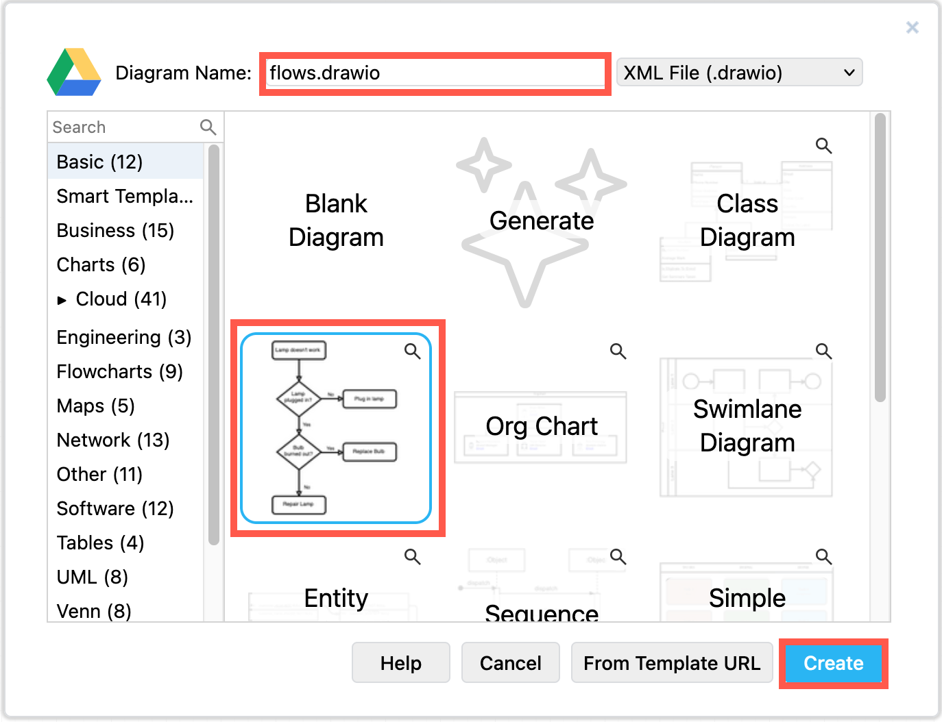 Select a template and enter a diagram name to create a new diagram in Google Drive