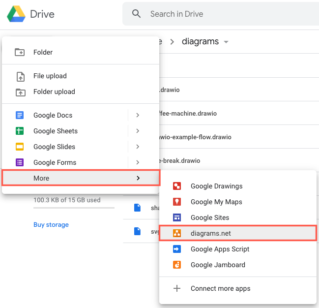 Create a new diagram from within Google Drive
