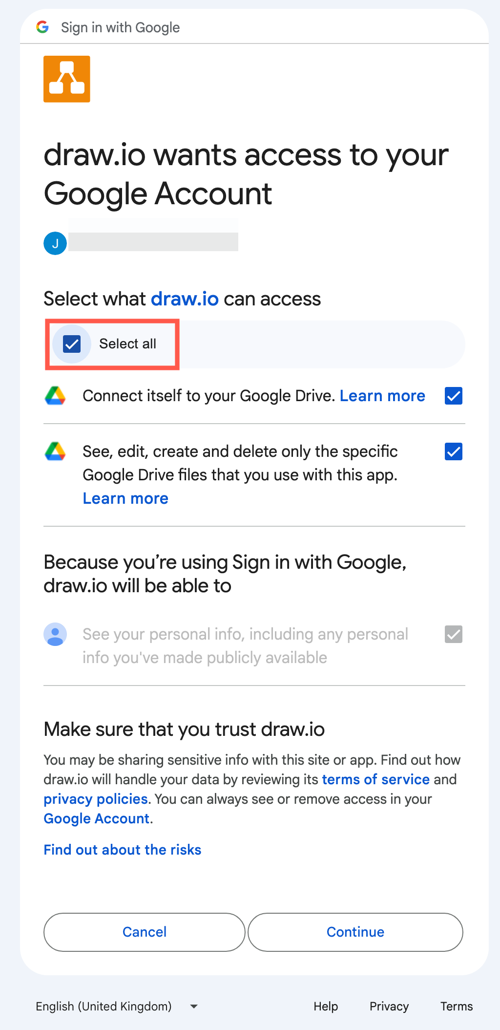 Grant permission for draw.io to access your Google Drive files and Google Docs