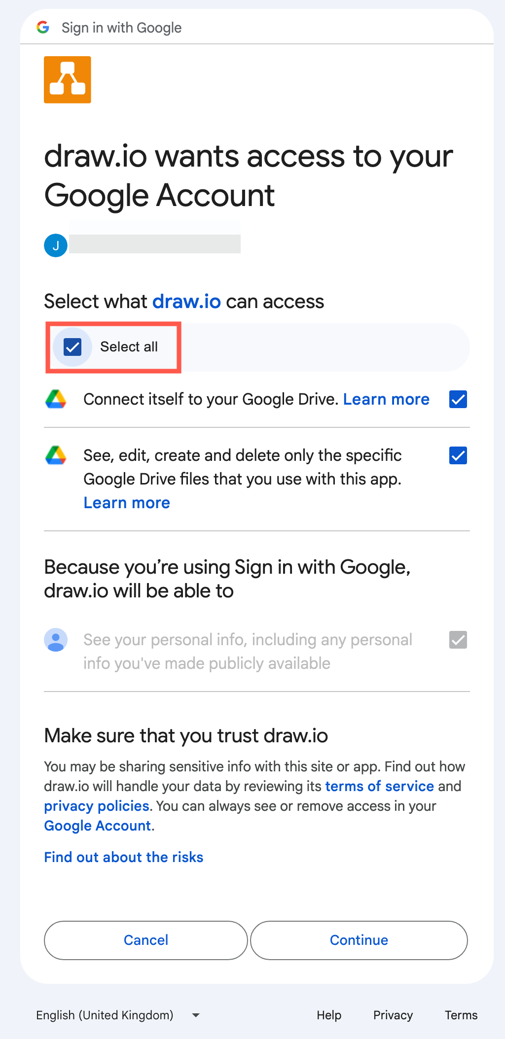 Grant permission for draw.io to access your Google Drive files