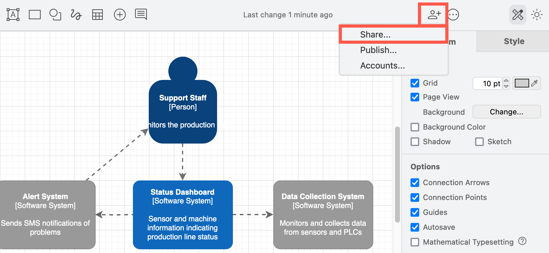 Share a diagram with colleagues from Google Drive or Microsoft OneDrive from the draw.io editor toolbar