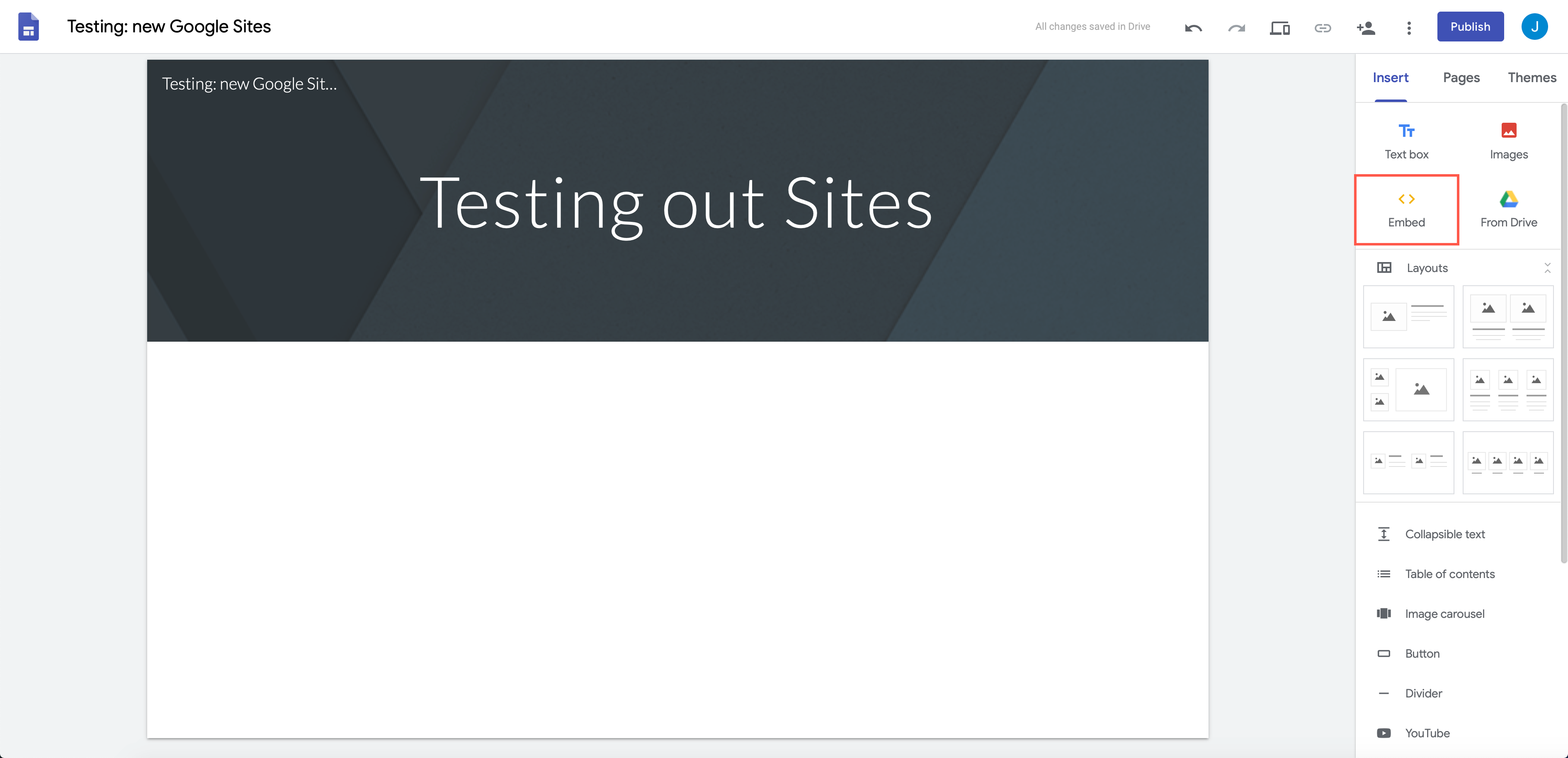 Click on the Google Sites embed tool