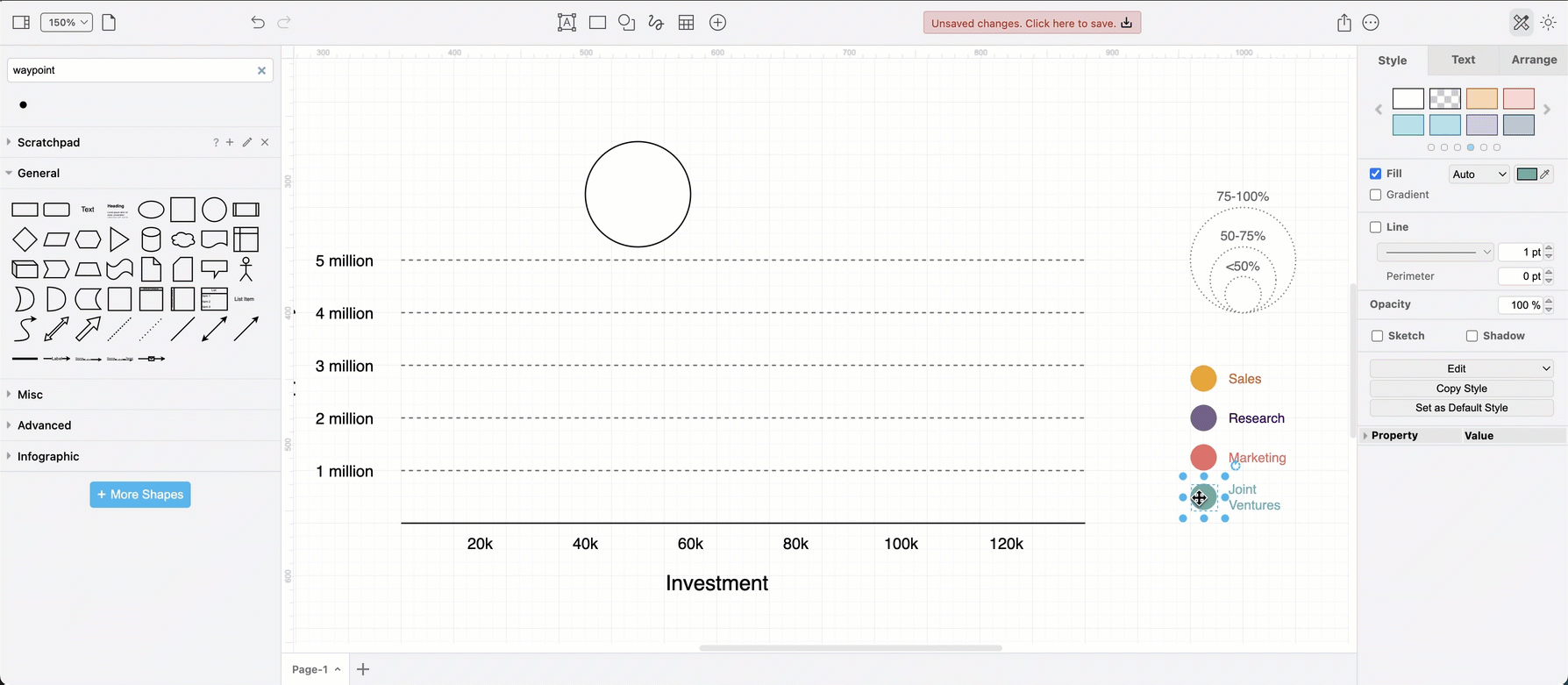 Create a bubble chart easily in draw.io with connectors and different sizes and colours of circles