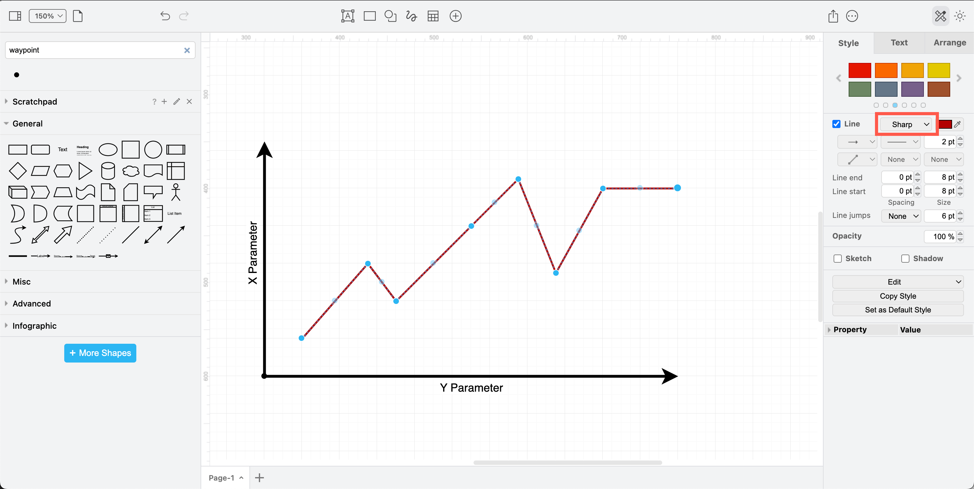 Use the sharp shape style to drag a single connector into your line graph shape