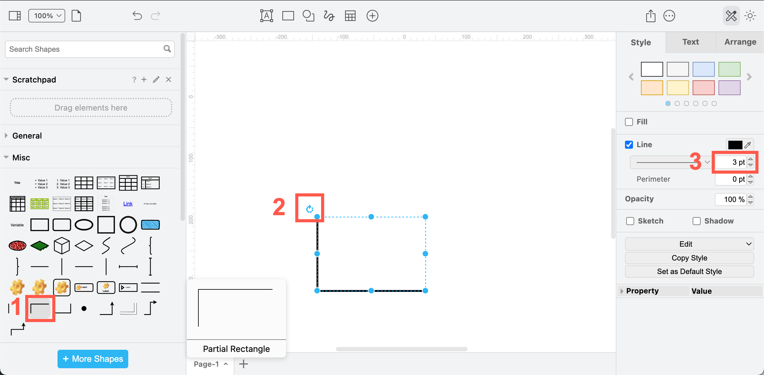 Draw the XY axis of a graph with the partial rectangle shape in draw.io
