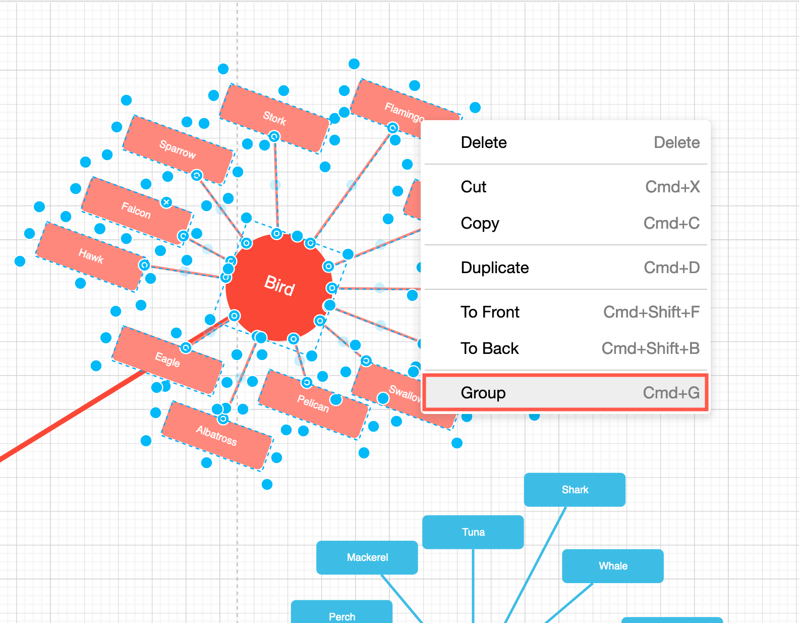 Group selected shapes and connectors via the right-click context menu