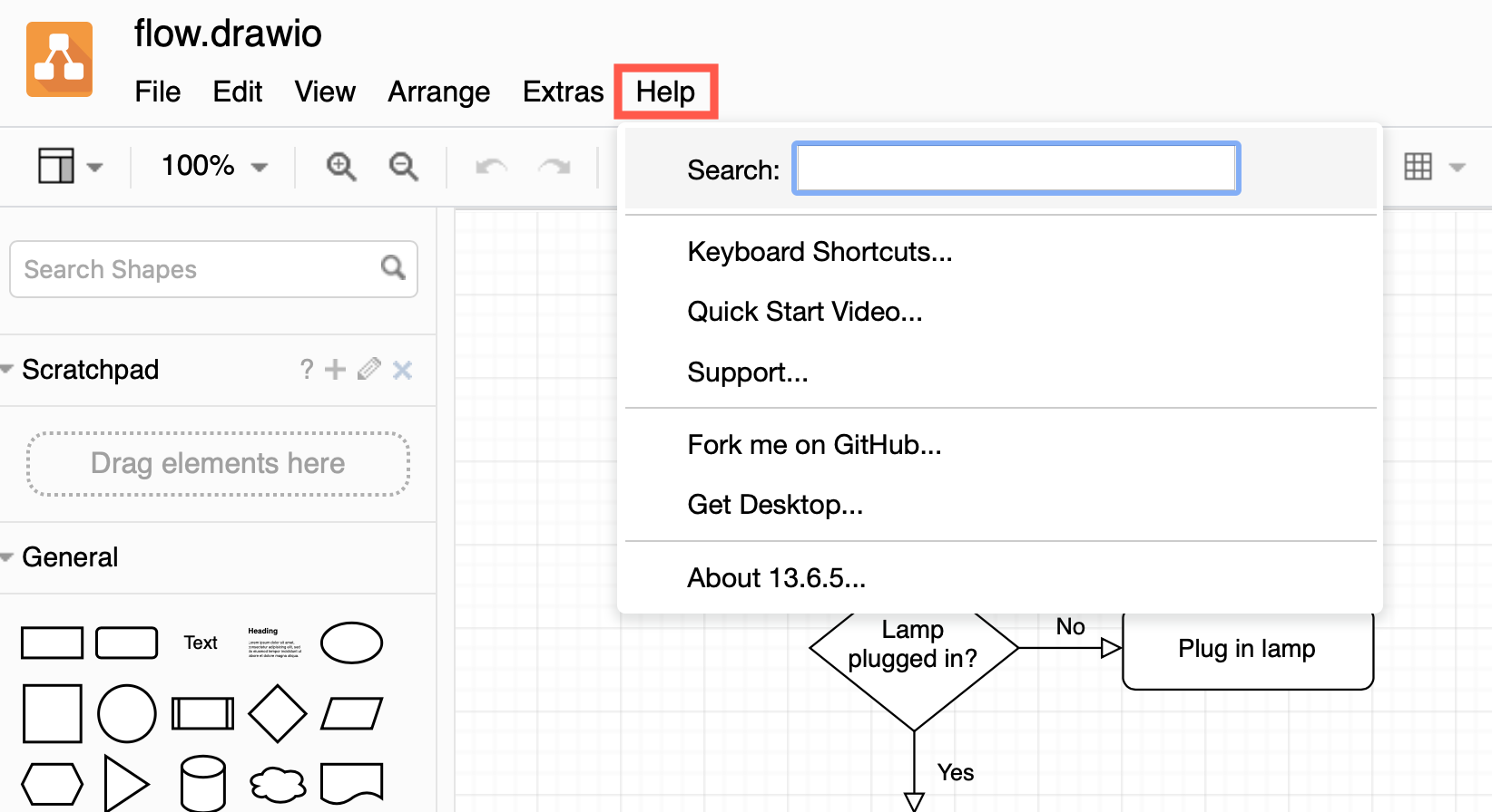 Select the Help menu above the draw.io drawing canvas to access online help, support, keyboard shortcuts and more