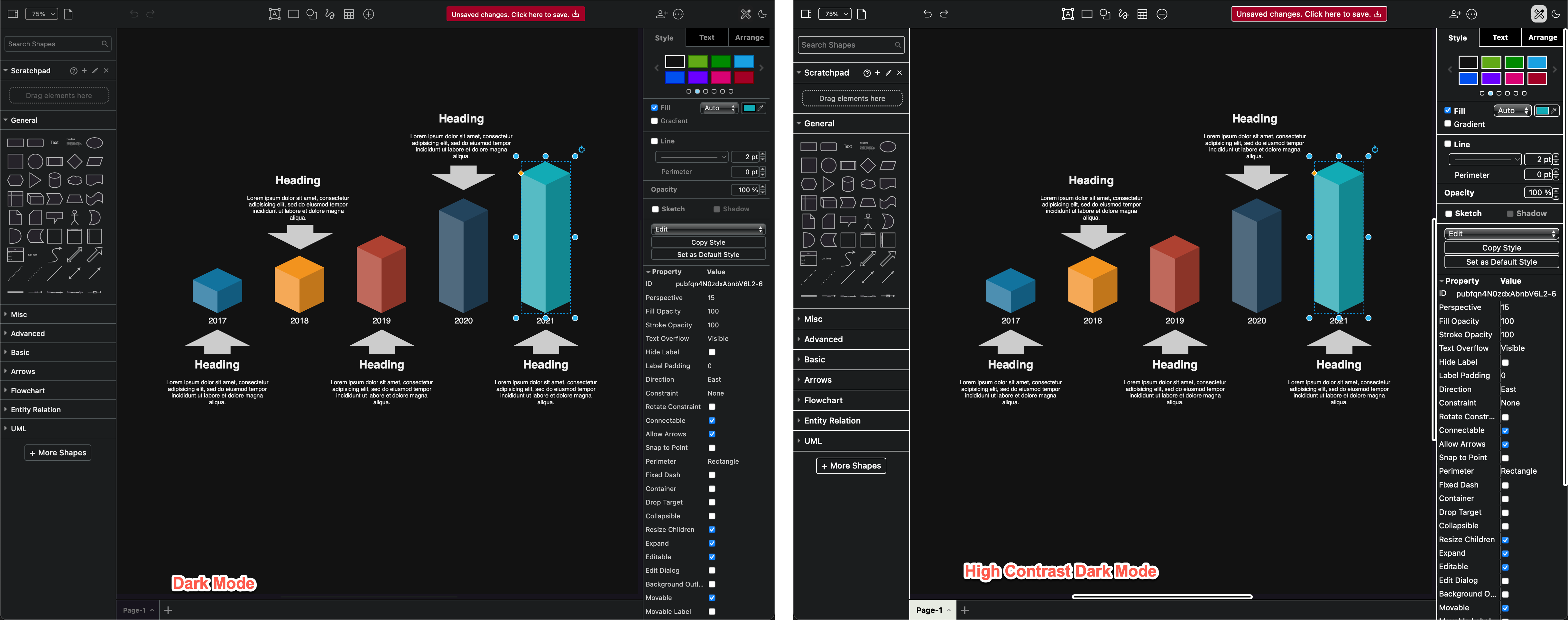 High contrast works on all of the draw.io editor themes and in both dark and light mode