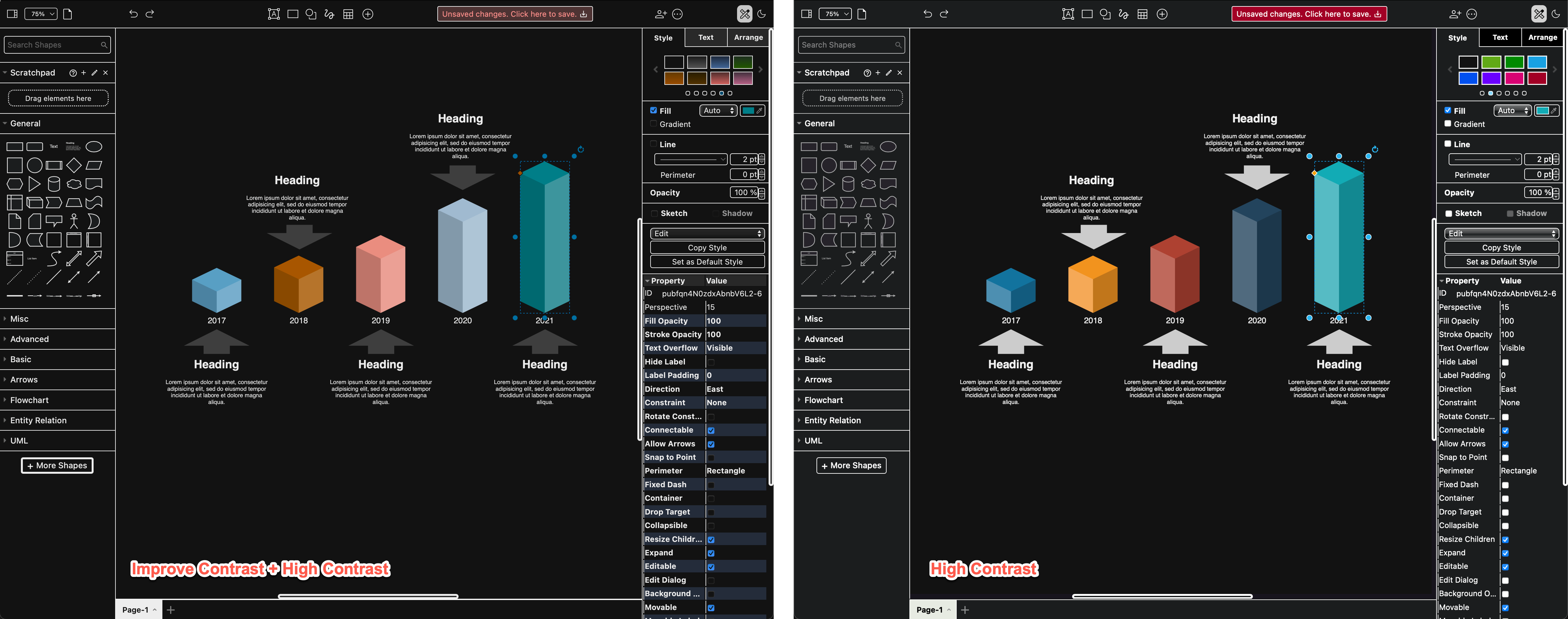 High contrast works on all of the draw.io editor themes and in both dark and light mode