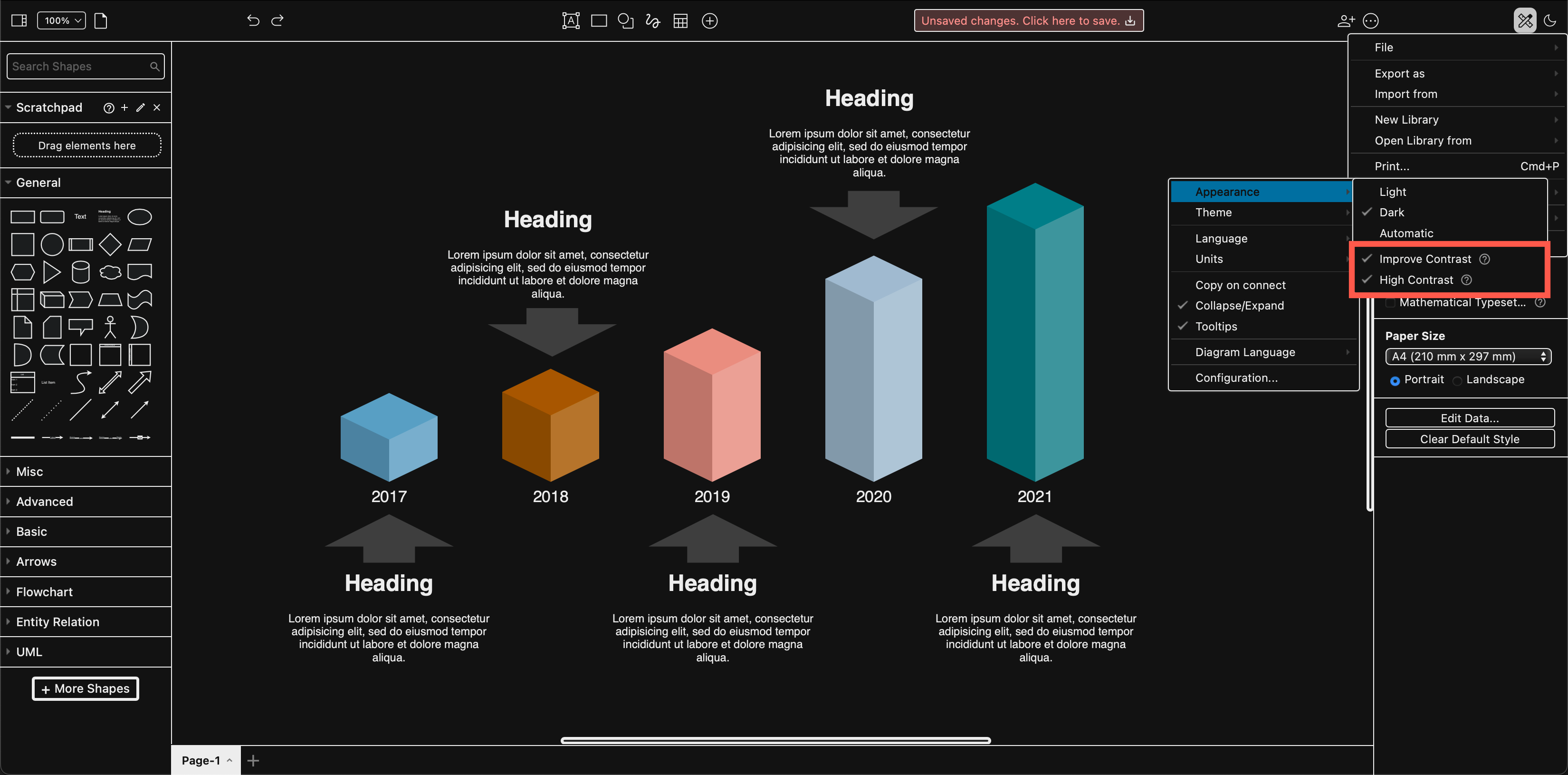 High contrast simplifies the draw.io editor interface so that it is easier to read, and improve contrast updates the colours in dark mode to make diagrams easier to see on a dark background