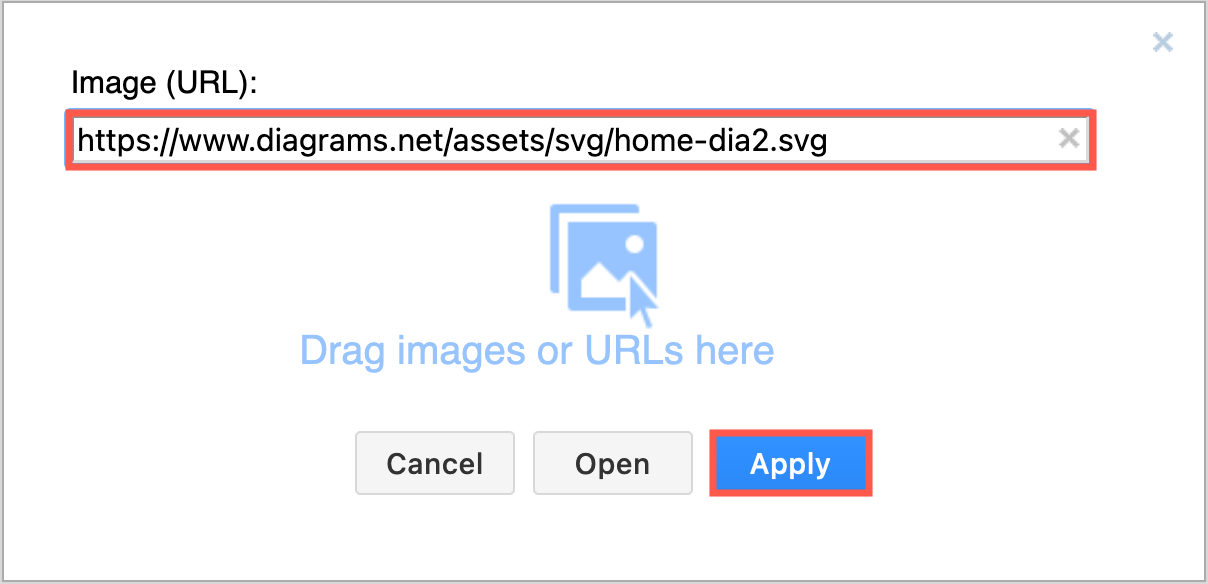 Paste the URL to your image file, or drag it onto the dialog and click Apply to add an image to your diagram