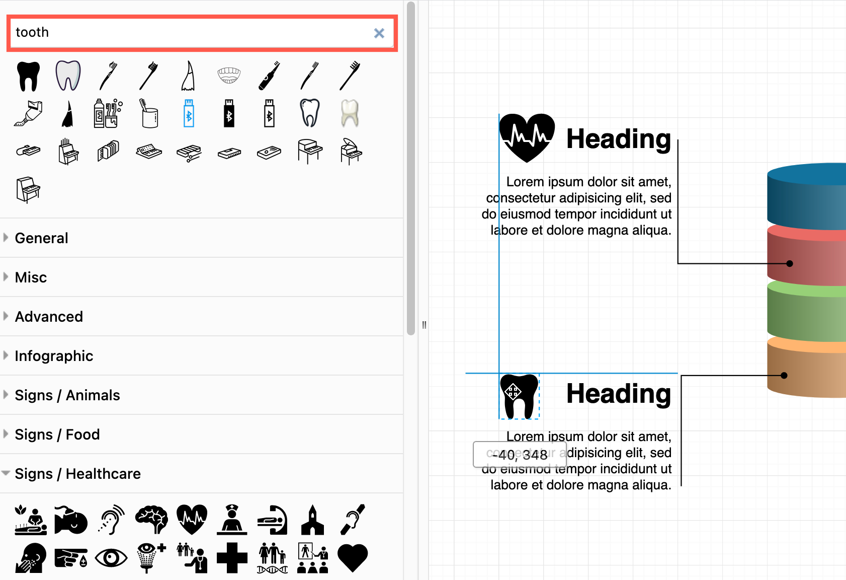 Search for and add icons to each callout to make your diagram faster to read