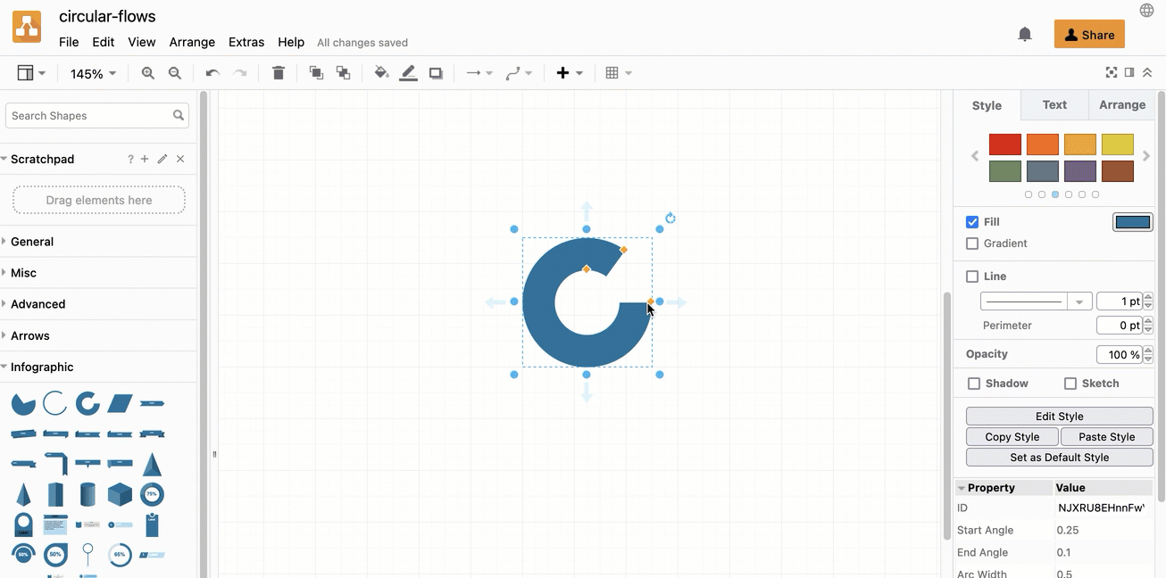 Re-slice and position pie, arc and partial concentric ellipse shapes to create a circle or cycle flow in draw.io