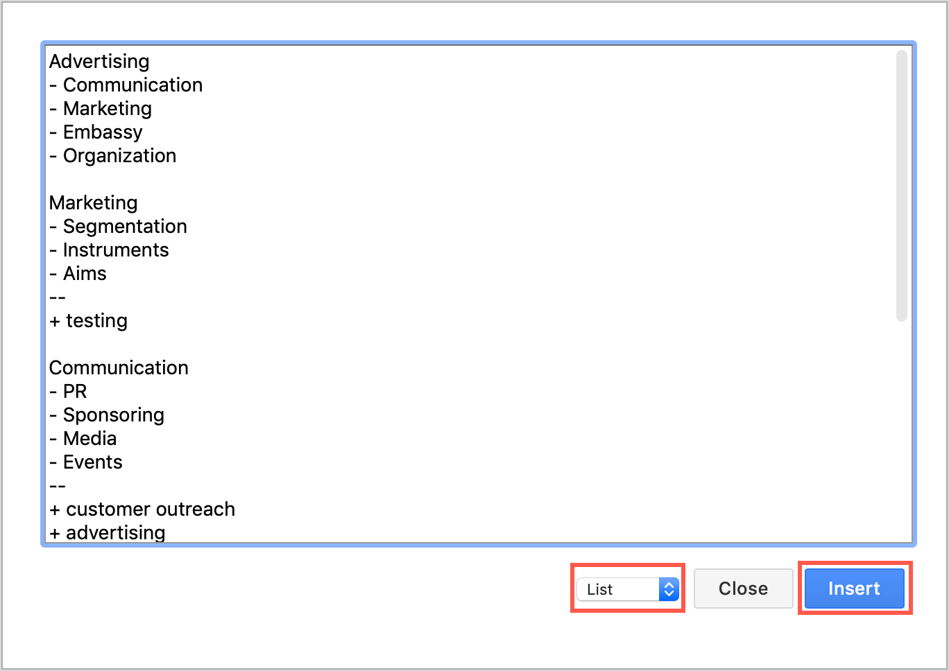 Add entity shapes containing lists by inserting text