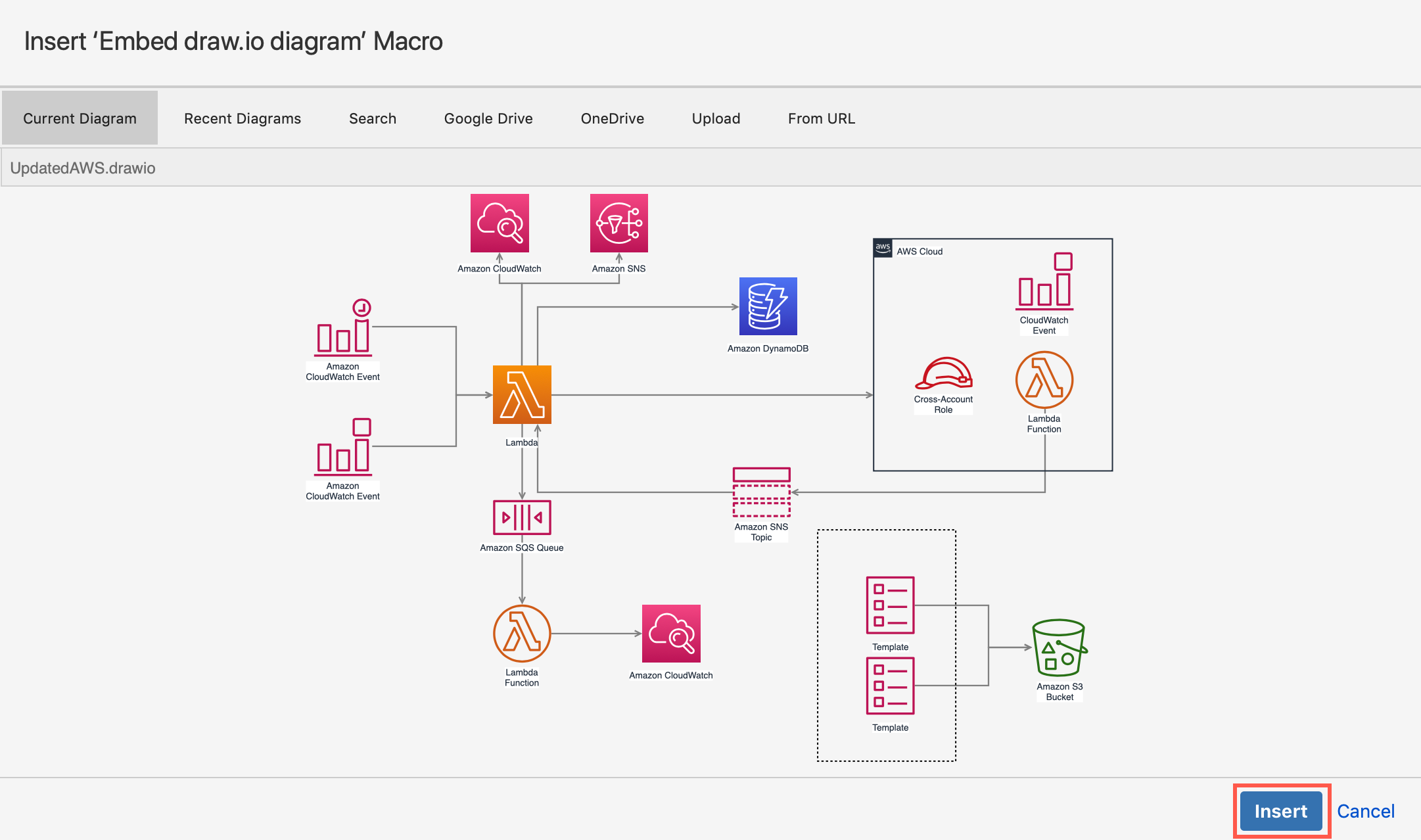 Click Insert to embed the diagram file from your Google Drive into your Confluence Cloud page
