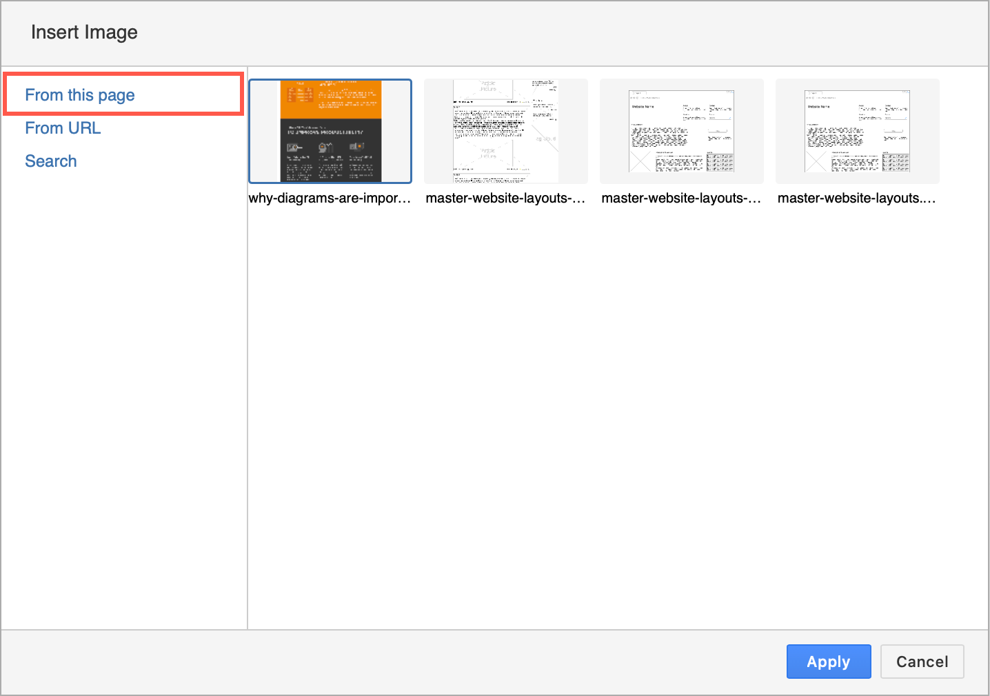 Select the image you want to insert into your draw.io diagram, and click Apply