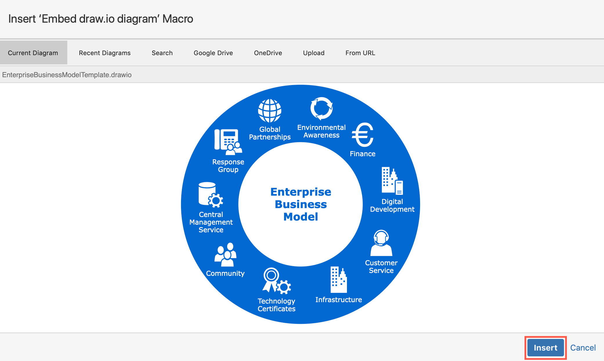 Click Insert to embed the diagram file from your OneDrive account into your Confluence Cloud page