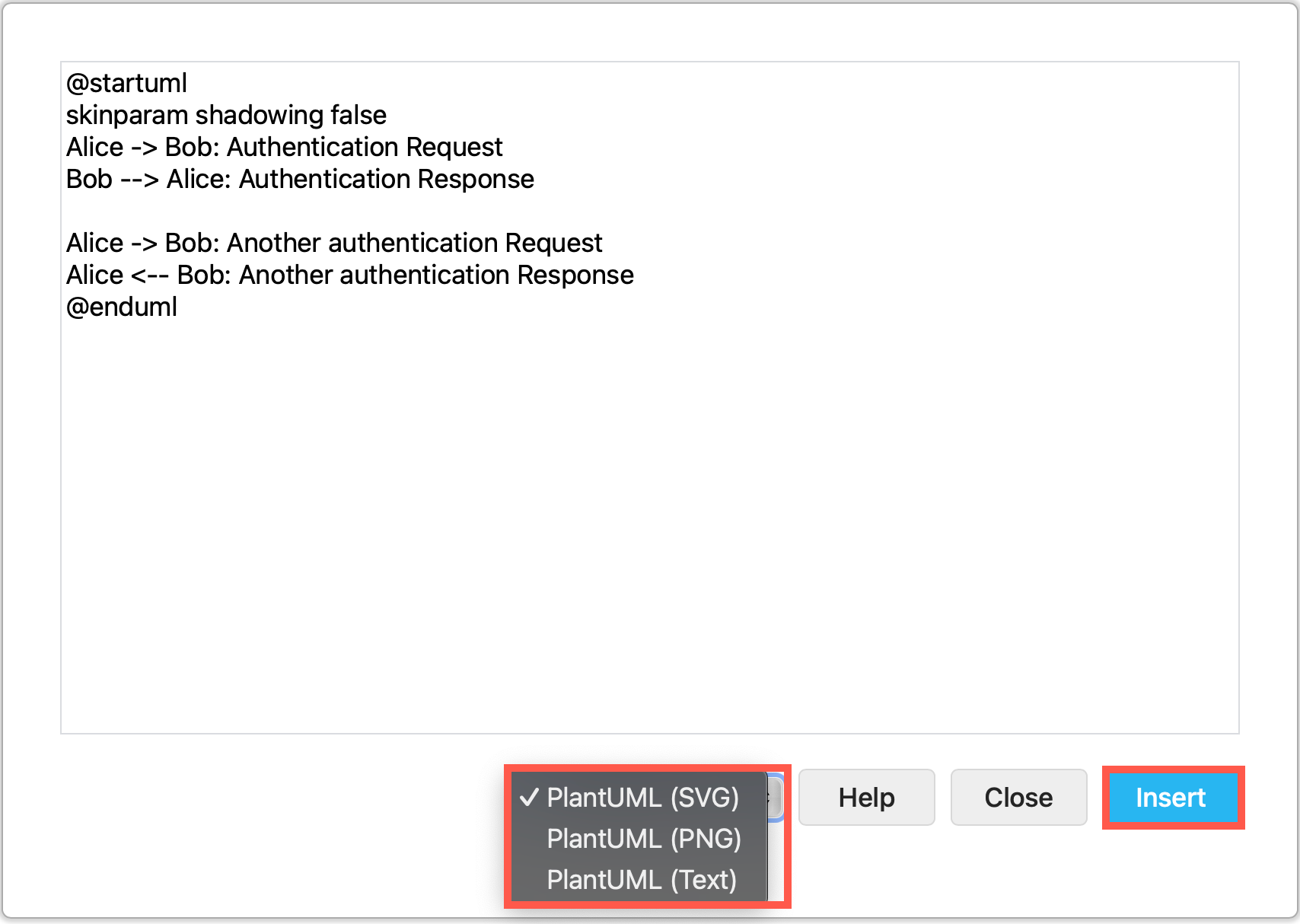 Paste the PlantUML code in the text box, then click Insert