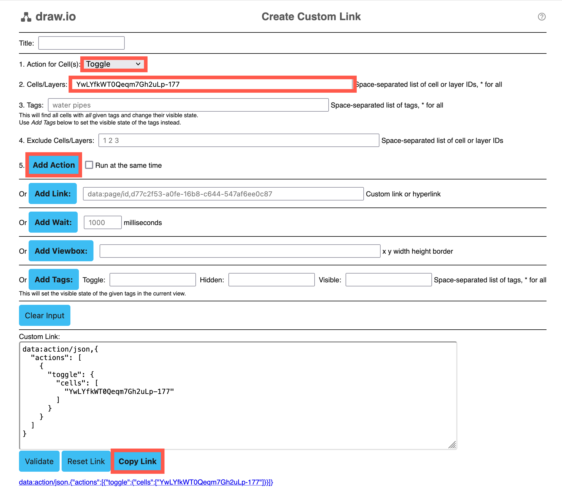 Paste the shape and layer IDs, generate the custom link, then copy it to the clipboard using this free tool