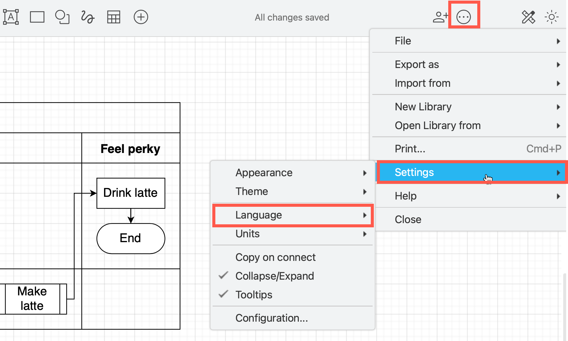 Select Settings > Language and choose the language you want to use in the draw.io menu
