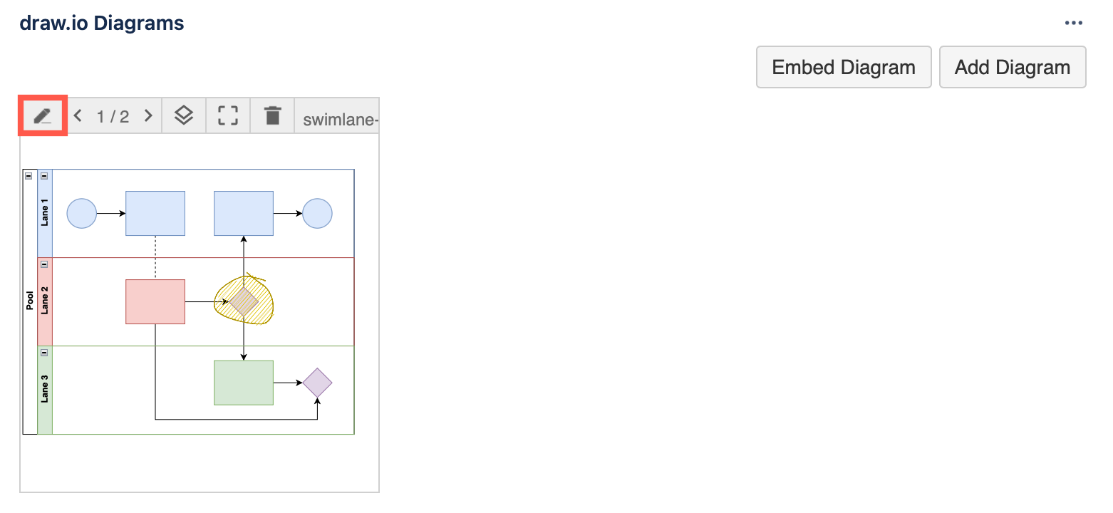 Click on the edit button when hovering over a diagram in a Jira issue to open it in draw.io