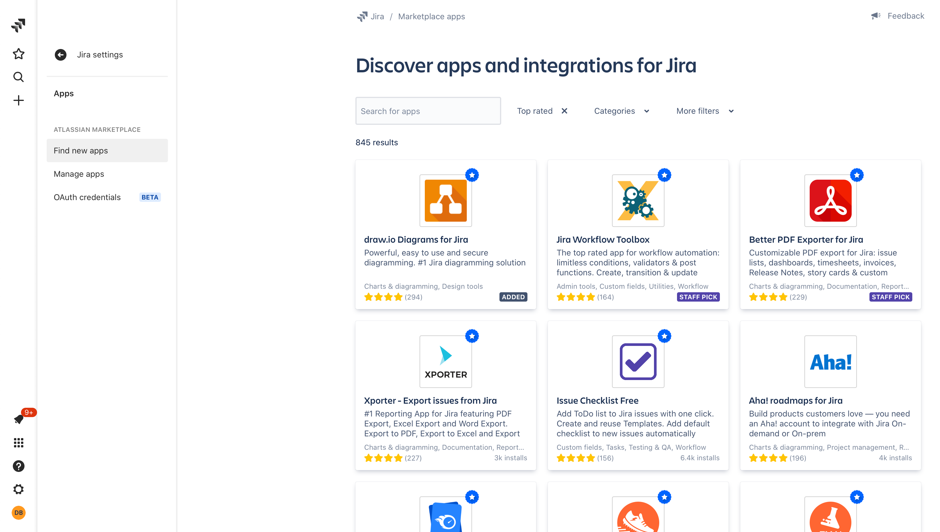 Find new apps for your Jira Cloud instance via the Settings