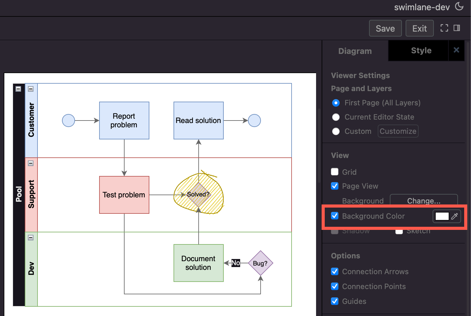 Adding a diagram background ensures your diagram looks the same in both Jira's light and dark themes