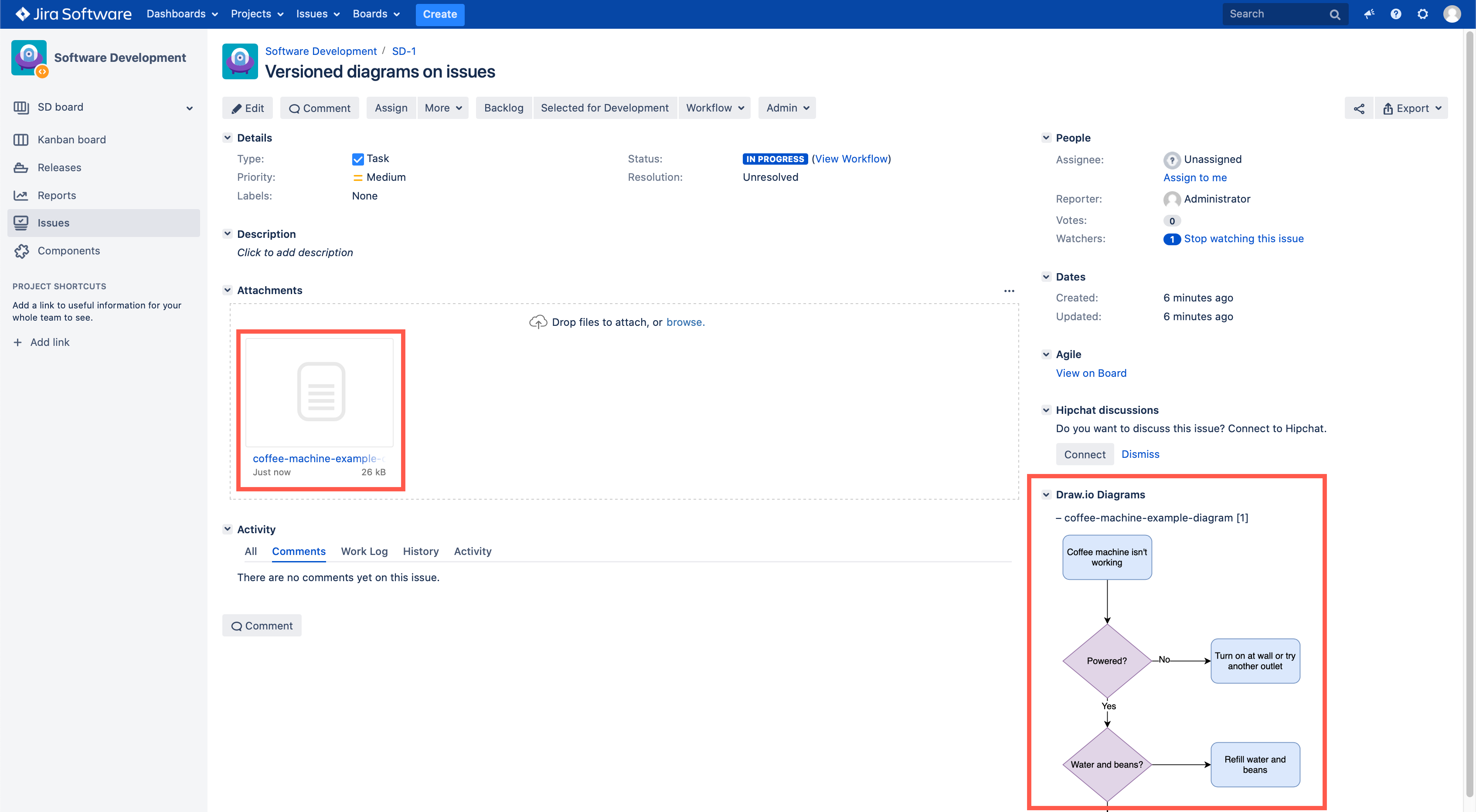 The draw.io diagram is displayed on the right of your Jira Server issue