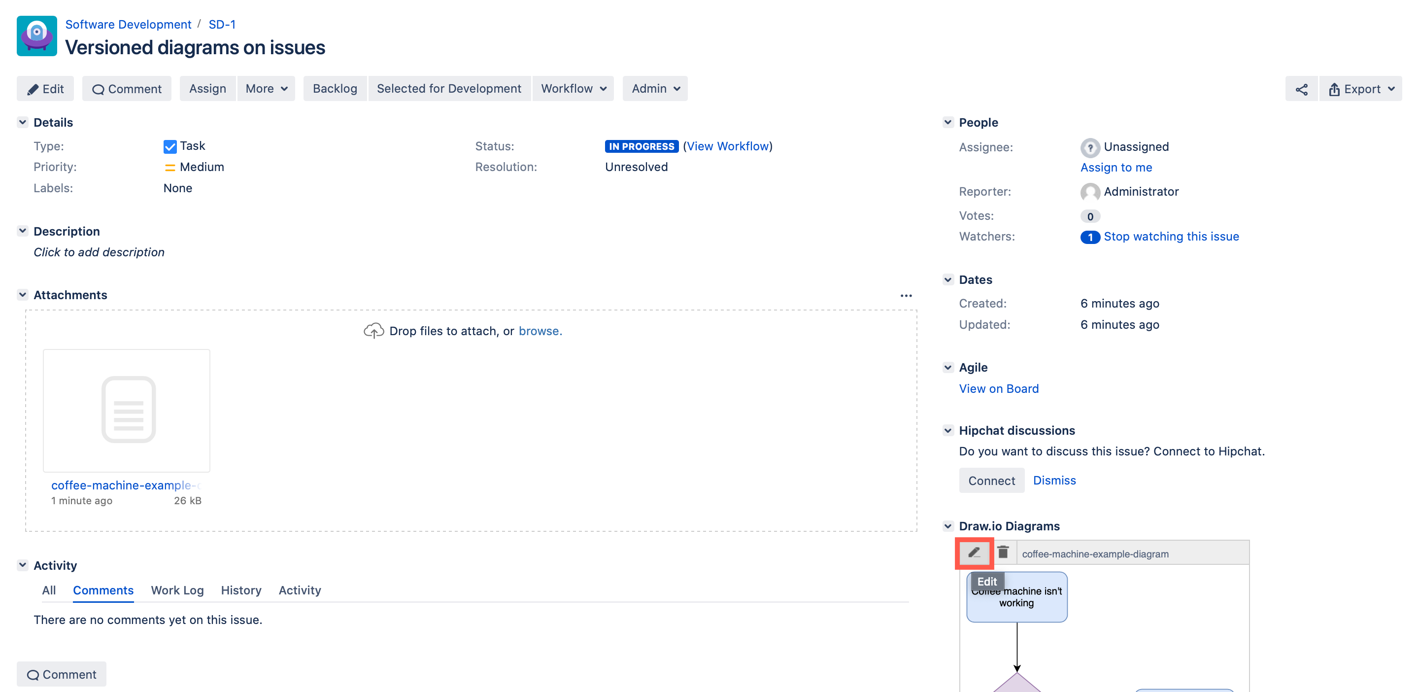 Edit an existing draw.io diagram attached to a Jira Server issue