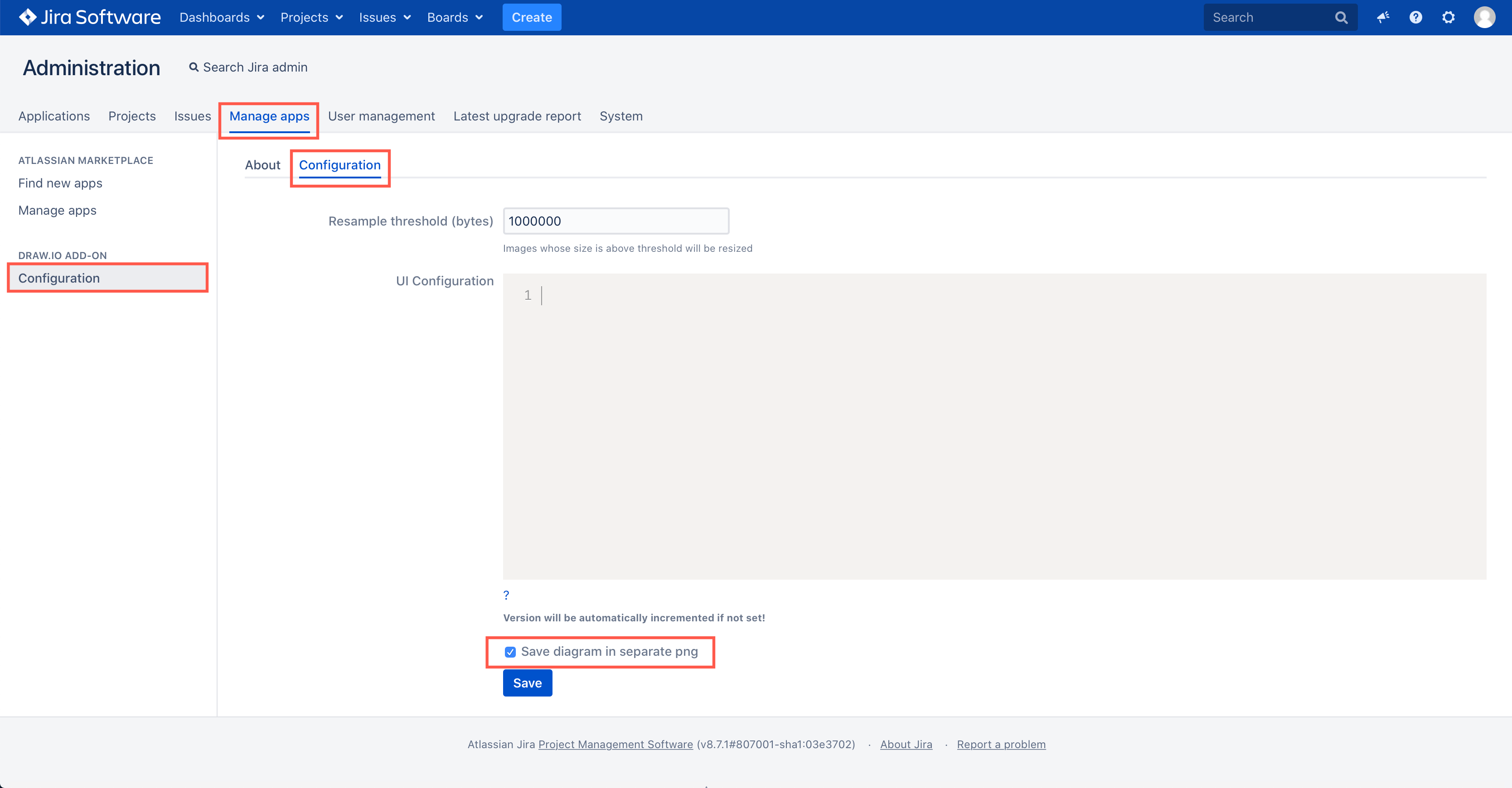 Set draw.io to save PNG images separately in Jira Server