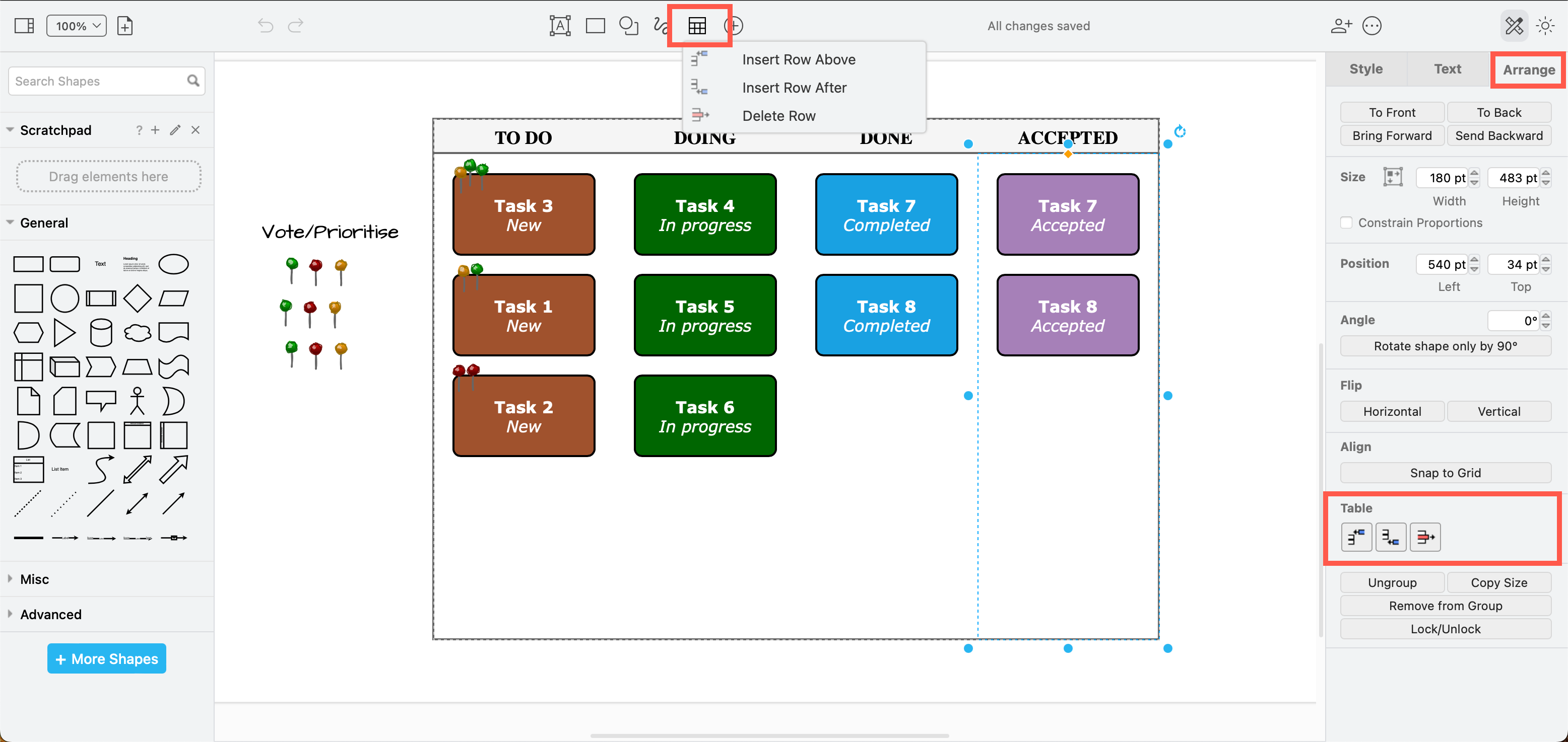 The simple Kanban board template in draw.io is a table with container cells - use the table tool or the Arrange tab to add or delete columns and rows