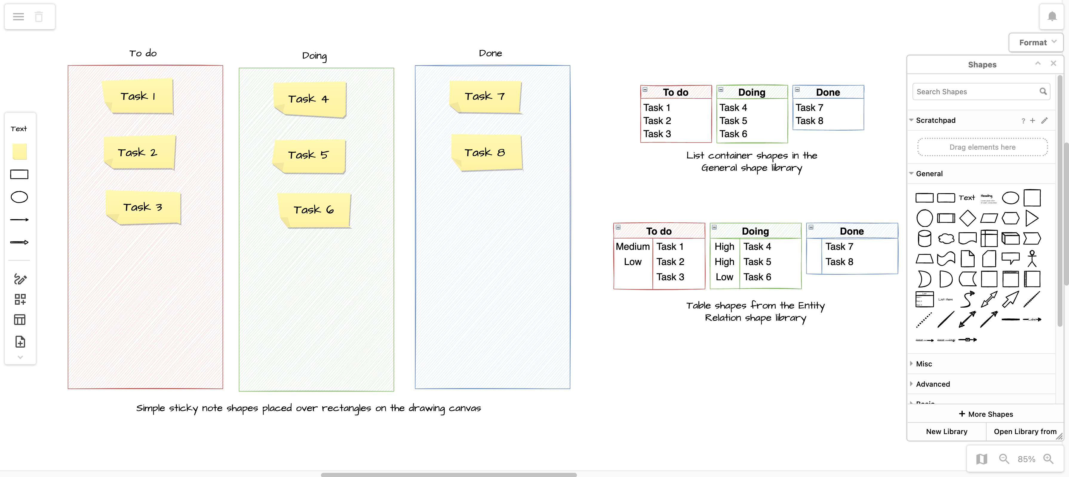 Create your kanban board in draw.io using simple shapes, lists, entity tables or the simple kanban template