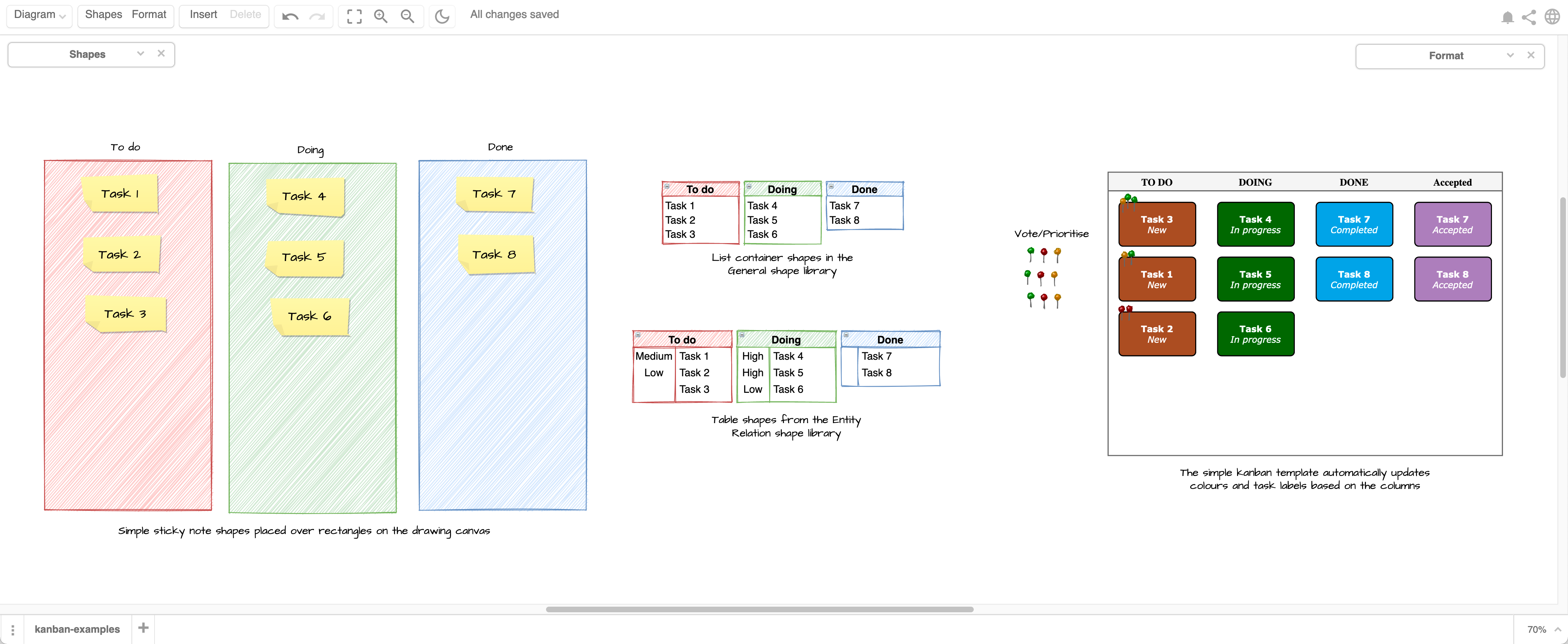 Use the Minimal or Sketch editor themes in draw.io to make your remote kanban board feel more like a whiteboard