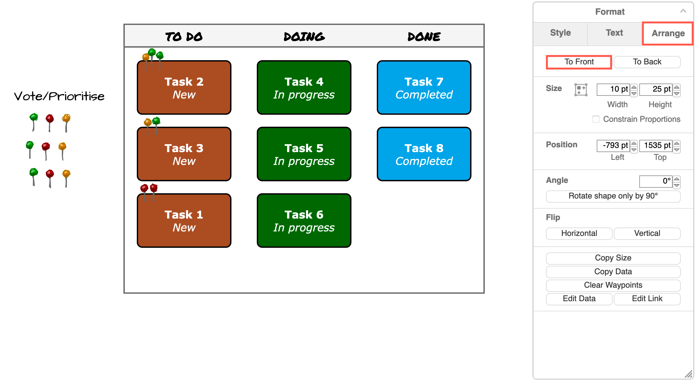 Vote on tasks or set task priorities by placing pins or other simple shapes on your kanban board in draw.io
