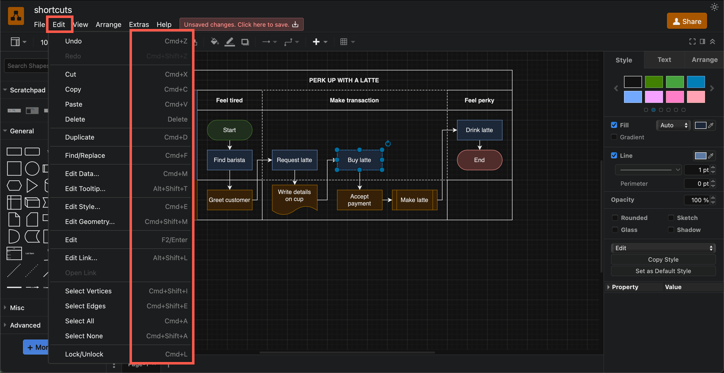 There are many keyboard shortcuts available in draw.io