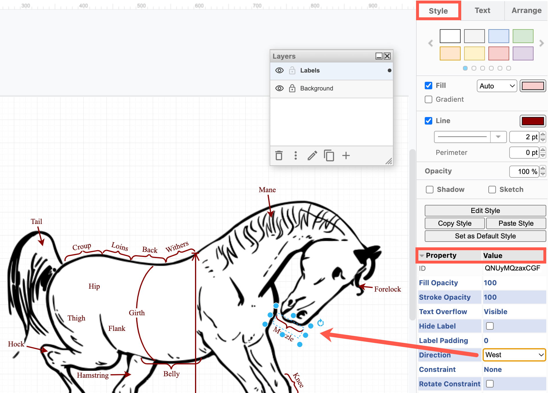 Change the direction of a bracket shape in the shape Properties in the Style tab of the format panel