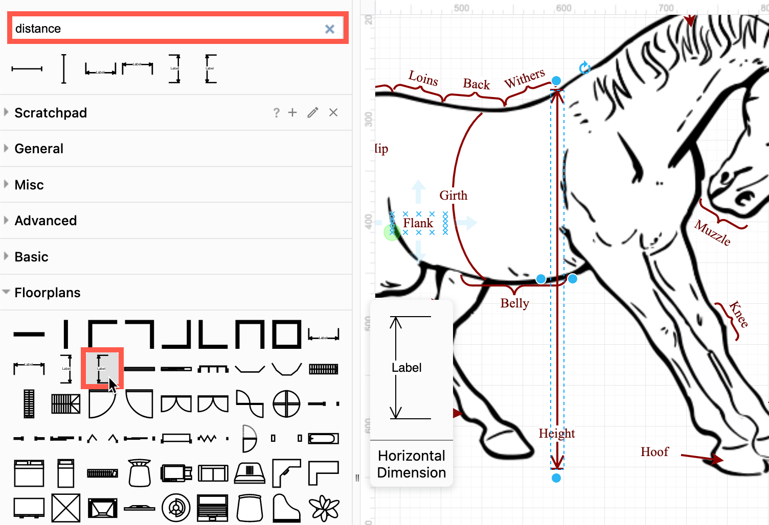 Use a crossbar or a dimension shape to indicate distances