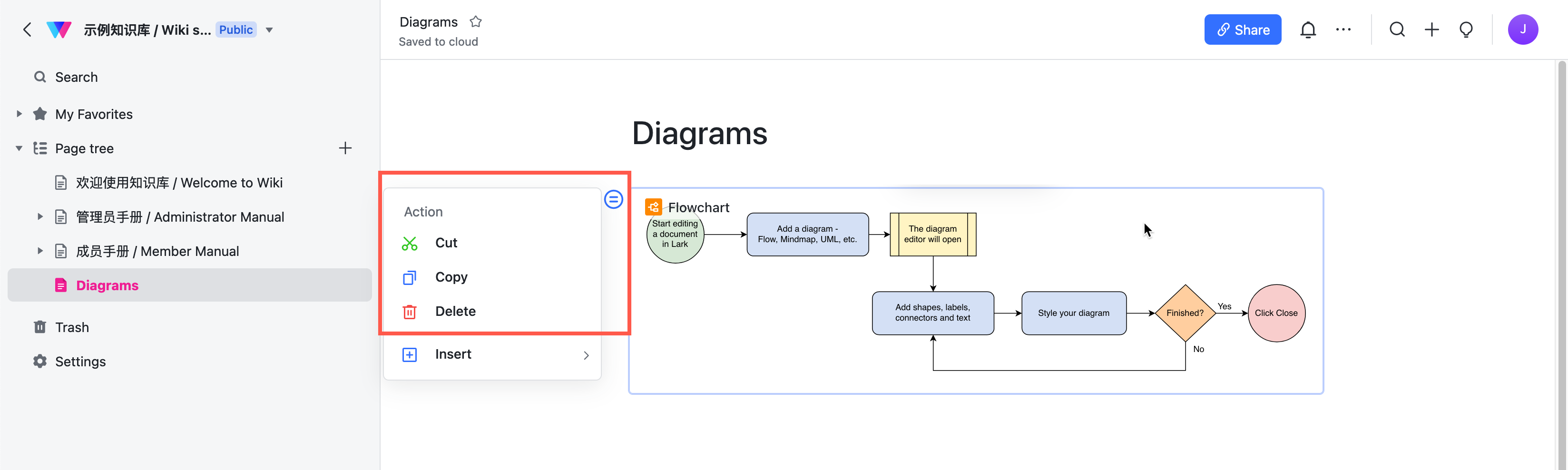 Use the action menu to move (cut), copy or delete a diagram on a Lark page