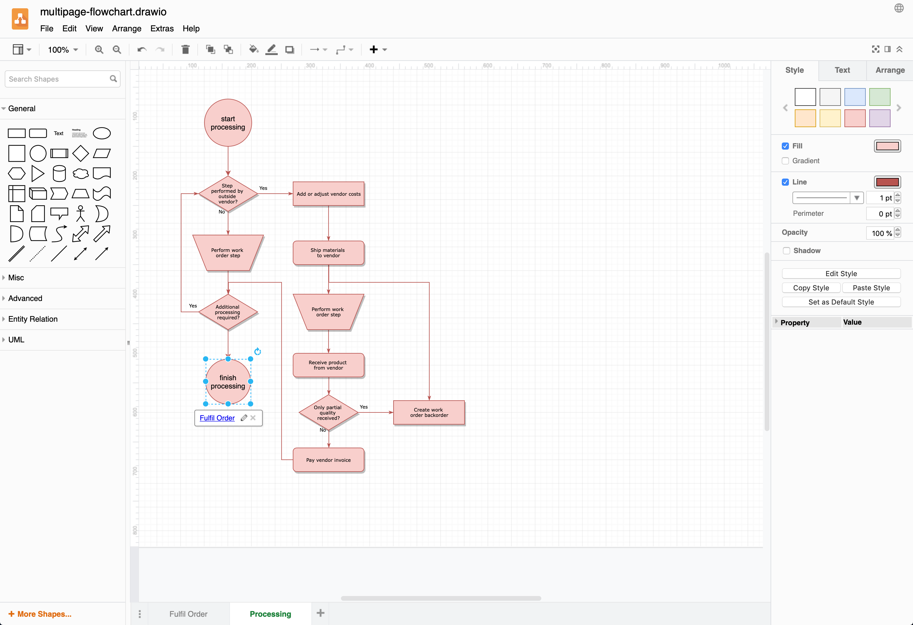 A shape with a link to a page in a multi-page diagram