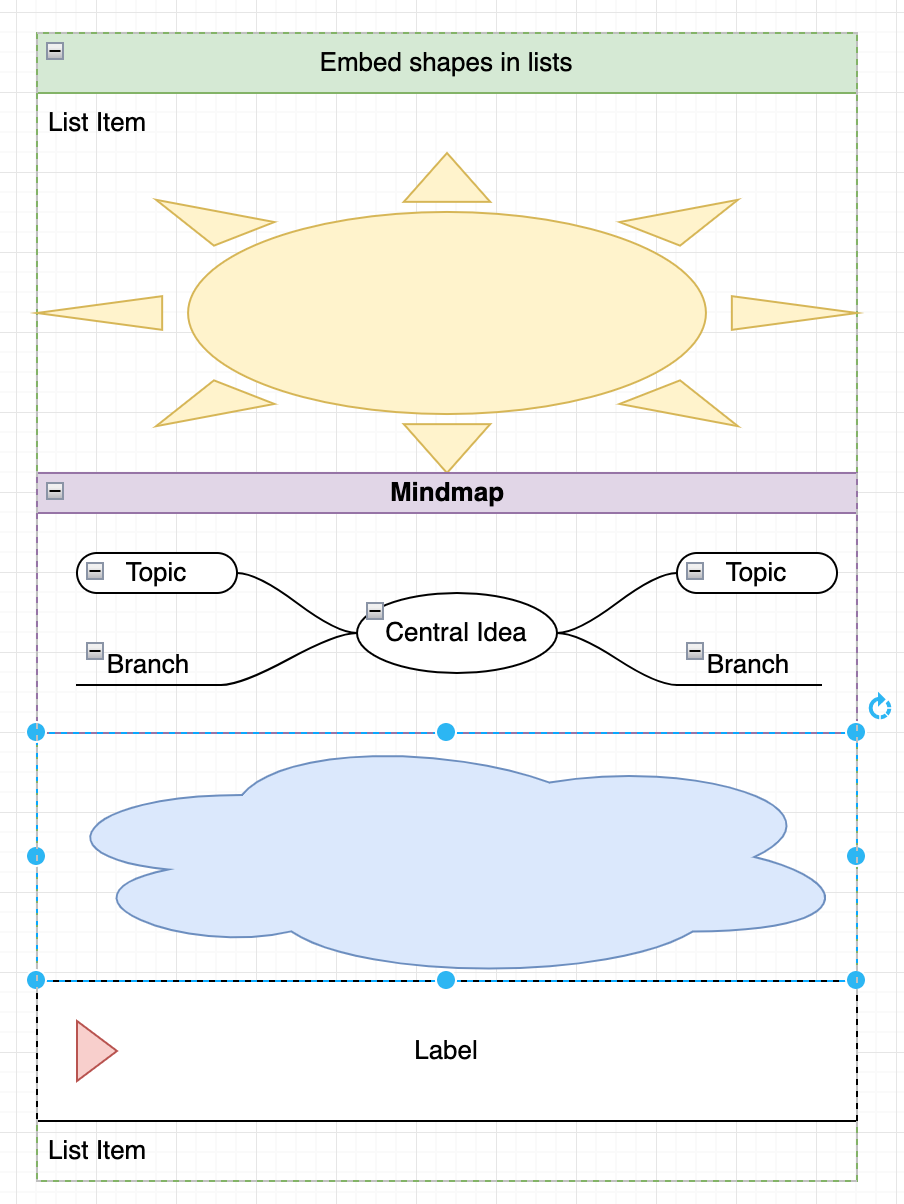 You can embed other shapes, not just dividers into list shapes - they will be forcibly resized to take up the entire row