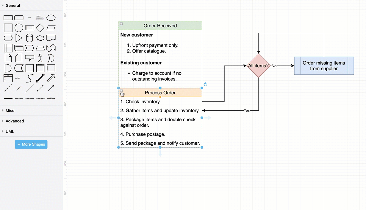 You can expand and collapse list shapes to make your diagram easier to read, and even nest list shapes inside other list shapes