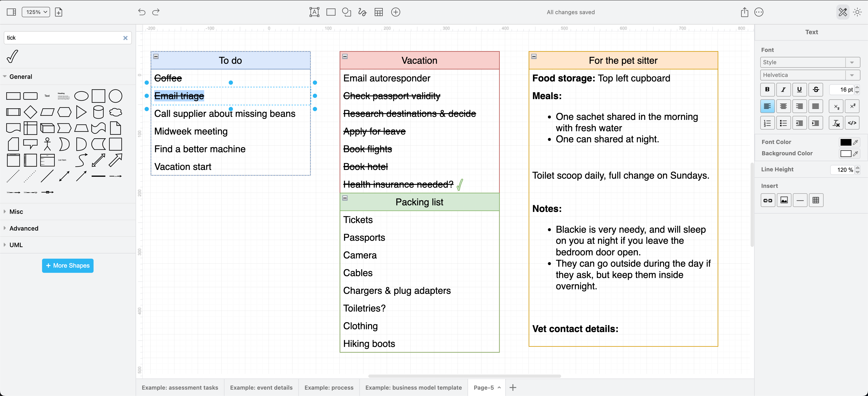 To do lists, checklists, and lists of information are naturally suited to the list shape from the General shape library