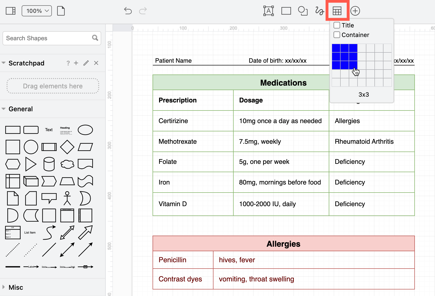 A table shape is an easy way to record medications and allergies