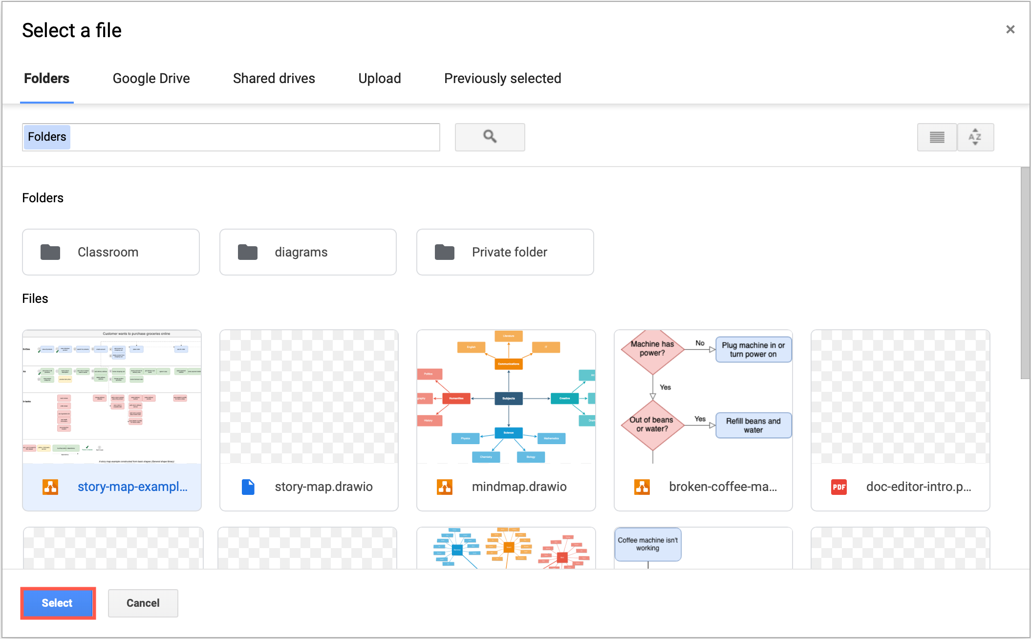 Navigate to the diagram file in Google Drive and click Select to see a preview