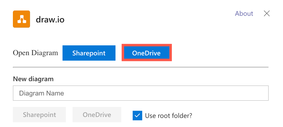 draw.io in Teams: Select the location where your draw.io file has been saved to add it to a new tab in Teams