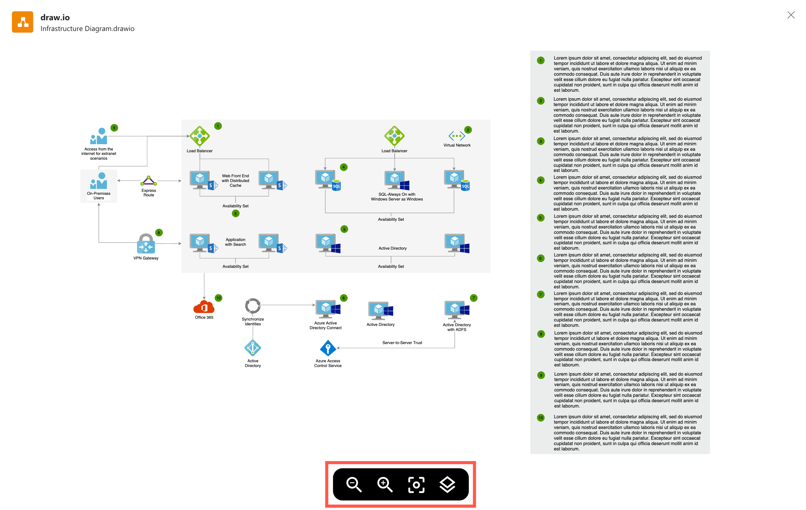 draw.io in Teams: Use the toolbar at the bottom of the viewer to zoom in 