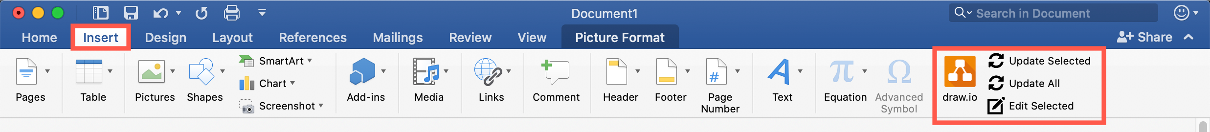 Updated the embedded diagrams after you have edited them in draw.io in Word via the draw.io add-in tools under the Insert tab on the ribbon