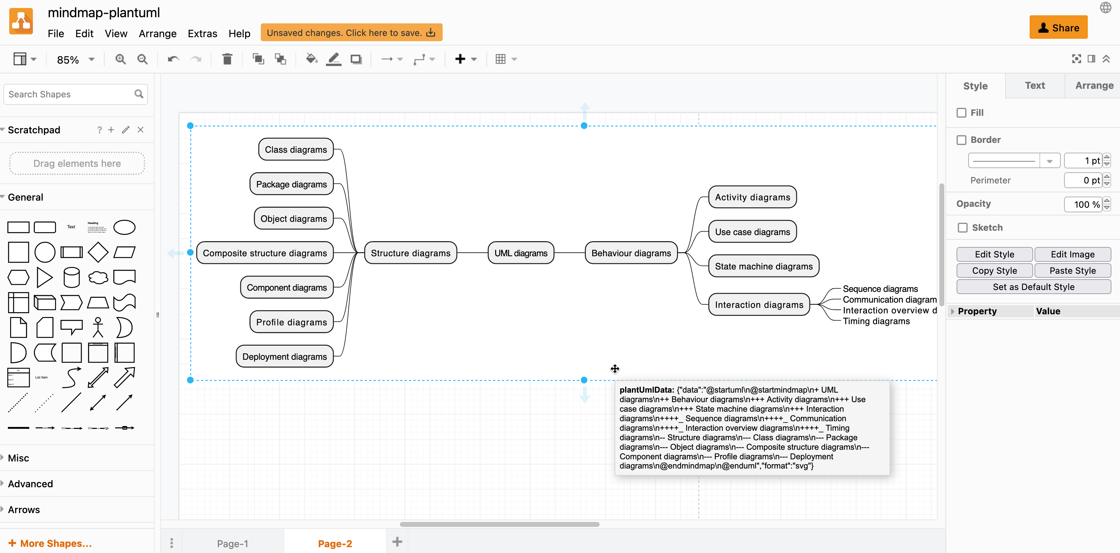 Generate a mindmap from text in draw.io by inserting PlantUML in arithmetic notation via Arrange > Insert > Advanced > PlantUML