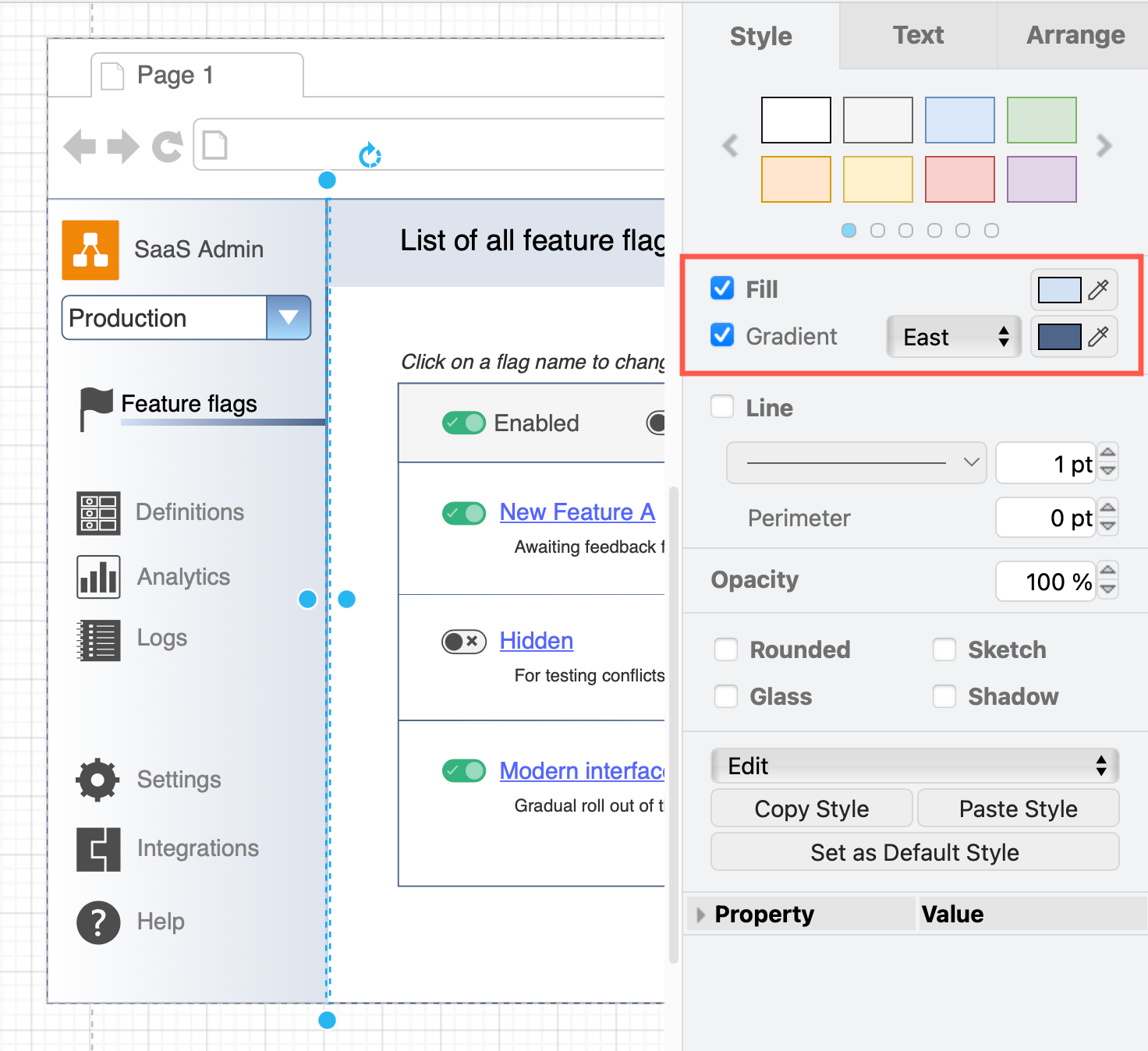 Use a slim rectangle and a gradient fill for dividers in your mockup