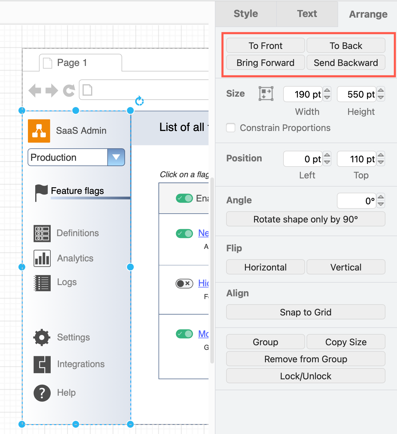 Use the forward/backward buttons in the Arrange tab of the format panel to bring UI components to the front or send them backwards in your mockup